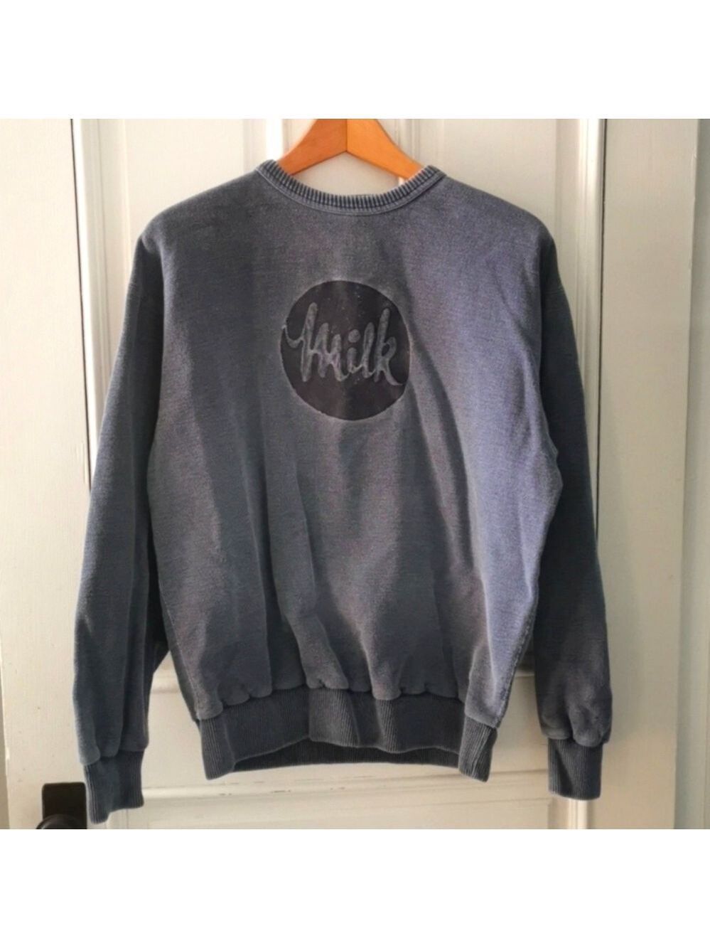 Men's Vintage Non-fiction Milk novelty sweater. Slate blue. 80s. Size small. EUC